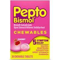 Pepto Bismol Chewables, Upset Stomach Relief, Bismuth Subsalicylate, Multi-Sympton Relief of Gas, Nausea, Heartburn, Indigestion, Diarrhea, Cherry Flavor, 30 Tablets