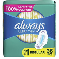 Always Ultra Thin Feminine Pads For Women, Size 1 Regular Absorbency, With Wings, Unscented, 36 Count