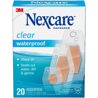 Nexcare Waterproof Bandages, Stays on in the Pool, Holds for 12 Hours, Clear Bandages for Fingers and Elbows - 20 Pack Waterproof Bandages
