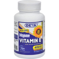 DEVA Vegan Vitamins Vitamin E High Potency 400IU with Mixed Tocopherols, from Non-GMO Sunflowers, 90 Capsules