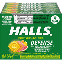 HALLS Defense Assorted Citrus Vitamin C Drops, 20 Sticks of 9 Drops (180 Total Drops)