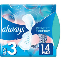 Always Infinity Size 3 Feminine Pads with Wings, Extra Heavy Flow Absorbency, Unscented, 14 Count