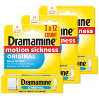 Dramamine Motion Sickness Original, Travel Vial, 12 Count, 3 Pack