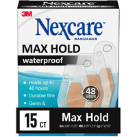 Nexcare Max Hold Waterproof Bandages, Stays On for 48 Hours, Flexible Bandages for Fingers, Knees and Heels - 15 Pack Clear Waterproof Bandages