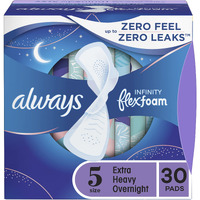 Always Infinity Feminine Pads for Women, Size 5 Extra Heavy Overnight, with wings, unscented, 30 Count