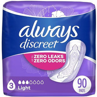 Always Discreet Adult Incontinence & Postpartum Pads for Women, Size 3, Light Absorbency, Regular Length, 30 Count x 3 Packs (90 Count total) (Packaging May Vary)