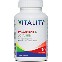 VITALITY Power Iron + Spirulina | 45mg Iron | Blood Builder | Iron Deficiency Support | Vegan | All Natural Supplement | Gentle on Stomach | 30 Capsules