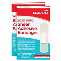 Leader Sterile Sheer Adhesive Bandages, Latex Free, Blends with Skin, Helps Prevent Infection, Comfortable Protection for First Aid and Wound Care (3/4" x 3", 80 Count)