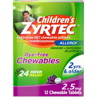 Zyrtec Children's Dye-Free Chewables for 24 Hour Allergy Relief, 2.5 mg Cetirizine HCl Antihistamine Tablets, Kids Allergy Medicine Relieves Sneezing & Itchy Nose & Throat, Grape, 12 ct
