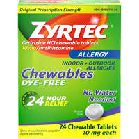Zyrtec 24 Hour Allergy Relief Berry Chewable Tablets, 10 mg Antihistamine Cetirizine HCl per Tablet, Medicine Relieves Hay Fever & Indoor & Outdoor Allergy Symptoms, Dye-Free, 24 Ct