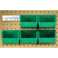 Hang-n-Stack Bin,  package, includes: (4) 10-7/8L x 5-1/2W x 5H (QUS230) green bin and (2) bin rails