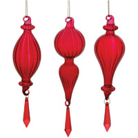 Red Ribbed Glass Drop Ornament with Jewel (Set of 3)