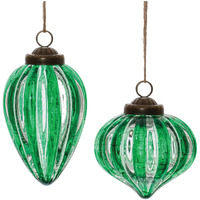 Green Ribbed Crackle Glass Ornament (Set of 6)