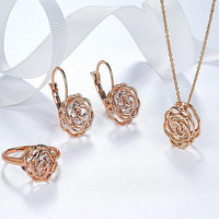 Rose Is A Rose Set Of Ring,Earrings and Pendant With Chain In 18kt Rose Crystals In White Yellow And Rose Gold Plating(D0102HEYXUU.)
