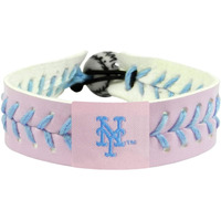 New York Mets Bracelet Team Color Baseball Pink Leather Powder Blue Thread CO
