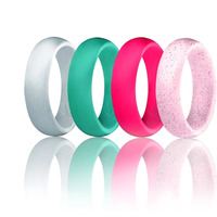 Silicone Wedding Ring - Dome Style Set by ROQ for Women - 4 x 4 mm Pink, Turquoise, White with Pink Glitter, Silver