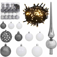 vidaXL 120 Piece Christmas Ball Set with Peak and 300 LEDs White&Gey