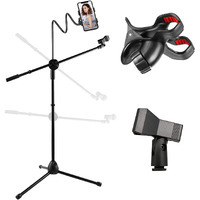 5 core Mic Stand with Tablet and Phone Holder c Adjustable gooseneck Microphone Stand collapsible Tripod Boom Mic Stand With Mic clip Holder & Phone clamp for Singing Karaoke Studio Parties(D0102H73AN2)