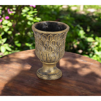 7" Antiqued Brass Textural Tone On Tone Cement Indoor Outdoor Round Urn Planter