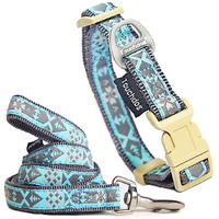 Touchdog Shape Patterned Tough Stitched Embroidered Collar and Leash- Small/Blue