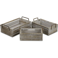 Selma Set of 3 Brown Wood Grain Slatted Rectangular Small Crate with Side Handles