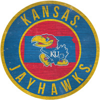 Kansas Jayhawks Sign Wood 12 Inch Round State Design - Special Order