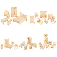 3D Wooden Dollhouse Furniture Puzzles DIY Miniature Furniture Models Set