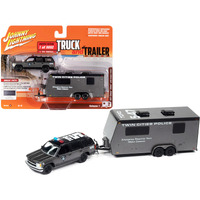 1997 Chevrolet Tahoe "SWAT" Custom Gray Metallic and Black with "Twin Cities Police" Camper Trailer Limited Edition to 9892 pieces Worldwide "Truck and Trailer" Series 1/64 Diecast Model Car by Johnny Lightning