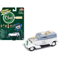 1933 Ford Delivery Van White with Gray Top (Mrs. White) with Poker Chip Collector's Token "Vintage Clue" "Pop Culture" 2022 Release 4 1/64 Diecast Model Car by Johnny Lightning