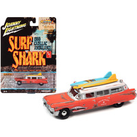 1959 Cadillac Ambulance Red with White Top "Malibu Beach Rescue" (Weathered) with Surfboards on Roof "Surf Shark" "Street Freaks" Series 1/64 Diecast Model Car by Johnny Lightning