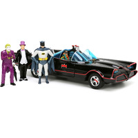 1966 Classic Batmobile with Diecast Batman The Joker The Penguin and Plastic Robin Sitting Inside The Car "Batman" TV Series (1966) "Hollywood Rides" Series 1/24 Diecast Model Car by Jada