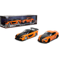 Han's Mazda RX-7 Orange Metallic and Matt Black and Toyota GR Supra Orange Metallic with Black Hood Set of 2 pieces "Fast & Furious" Series 1/32 Diecast Model Cars by Jada