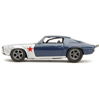 1973 Chevrolet Camaro Dark Blue Metallic with Gray Stripes and Winter Soldier Diecast Figure "Marvel Avengers" "Hollywood Rides" Series 1/32 Diecast Model Car by Jada