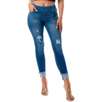 Women 's Stretch Pull-On Skinny Ripped Distressed Denim Jeggings Side Stripe Cuff (Size: Xl Blue-39)