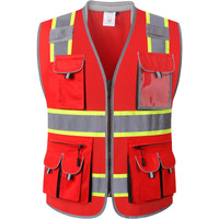 Jksafety 10 Pockets Hi-Vis Zipper Front Fluorescent Red Safety Vest | Cushioned Collar | High Reflective Tapes With Extended Neon Yellow Strips | Meets Ansi/Isea Standards (Large  89-Red)