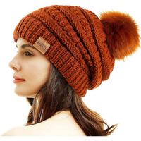Redess Women Winter Pom Pom Beanie Hat With Warm Fleece Lined  Brown