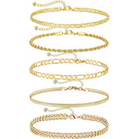 Dearmay Gold Anklets For Women Waterproof Ankle Bracelets For Women 14K Gold Plated Cuban Link Cute Figaro Paperclip Rope Herringbone Anklets Set Gold Jewelry Gift