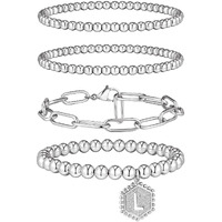 Doubgood Silver Bracelets For Women  Stackable Initial Beaded Bracelet With Letter Pendant L Stretch Trendy Stack Jewelry Set For Mother 's Day Valentines Gifts For Her