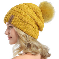 Queenfur Women Knit Slouchy Beanie Chunky Baggy Hat With Faux Fur Pompom Winter Soft Warm Ski Cap