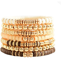 Goojids Surfer Heishi Clay Bead Bracelets For Women Bohemian Stackable Gold Beaded Stretch Bracelets Elastic Layering Friendship Bracelets Set Boho Jewelry (G2-Brown&Beige 7Pcs)