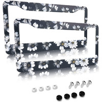 Tropical Daisies License Plate Frames Cover Holders Flowers White Daisies Car Tags Frames Holder Car Accessories 2 Pack 2 Hole Stainless Aluminum Decorative 2 Pcs Set For Girl Women Men Vehicles