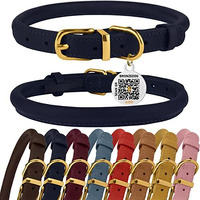 Bronzedog Rolled Leather Dog Collar With Qr Id Tag Adjustable Soft Round Collars For Small Medium Large Dogs Puppy Cat (9"" - 11"" Neck Size  Dark Blue)