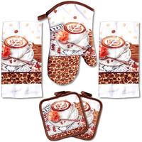 Lobyn Value Packs: 5-Piece Cafa Latte Kitchen Towel Set - Quilted Oven Mitt & 2 Potholders  Perfect For Coffee Lovers