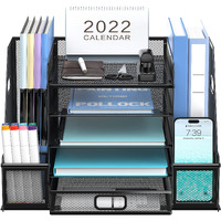 Supeasy Mesh Desk Organizer With File Holder  5-Tier Paper Letter Tray Organizer With Magazine Holder  Desktop Organizer And Storage With Drawer For Office Supplies Home Or School  Black