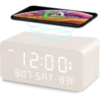 Andoolex Wooden Digital Alarm Clock With Wireless Charging  0-100% Adjustable Brightness Dimmer And Volume  Weekday/Weekend Mode  Dual Alarm  Snooze  12/24H  Wood Led Clock For Bedroom (White)