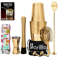 Gold Boston Shaker Cocktail Shaker Set | Professional Bartender Kit With Weighted Martini Mixer  Hawthorne Strainer  Jigger  Mojito Muddler  Mixing Spoon & 2 Liquor Pourers