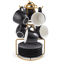 Yhosseun 3 Ounces Espresso Cups With Saucers Set  Porcelain Latte Cups And Metal Stand Demitasse Cups For Espresso  Latte  Cafe Mocha  Cappuccino And Tea  Set Of 6  Black