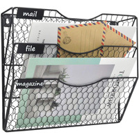 Easepres Mail Organizer Wall Mount Hanging File Holder Storage  Metal Chicken Wire Magazine Rack 3 Tier  Black