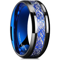 King Will Dragon Mens Black Tungsten Carbide Ring 8Mm Blue Celtic Dragon Wedding Band Comfort Fit High Polished(13)