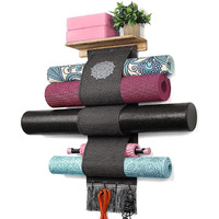 Vinaemo Yoga Mat Holder Wall Mount Yoga Mat Storage Rack With 3 Sizes Pocket Wood Floating Shelves And 4 Hooks For Hanging Foam Roller Yoga Mats Yoga Block Home Gym Accessories Carbonized Black
